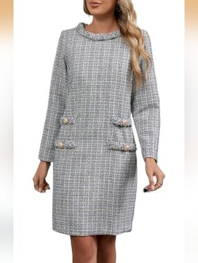 New Collection Black & White Long Sleeve Tweed Mini Dress Size Medium NWT